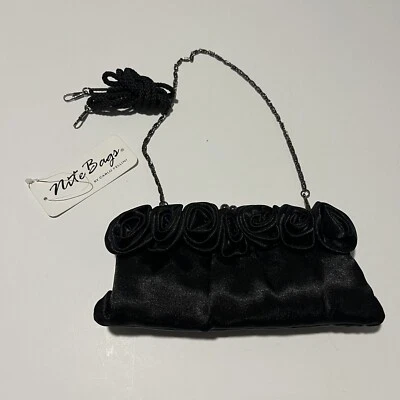 Bolso sin asas Nite Carlo Fellini negro satinado borde roseta nuevo correa de cadena/cordón Foto 1 de 4