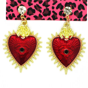 New Red Enamel Cute Heart Rose Crystal Betsey Johnson Women Stand Earrings