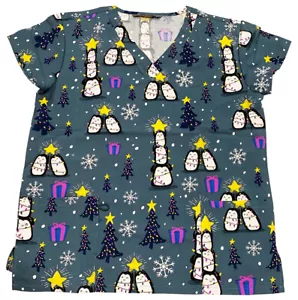 Women's Christmas Medical Scrub Tops Gray Base Penguin Christmas Tree XLarge - Picture 1 of 2