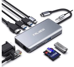 USB C Hub C Adapter 10 in 1 Dongle with Ethernet 4K 30Hz HDMI VGA 3 USB3.0 SD - Picture 1 of 8