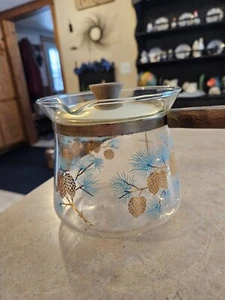 Vintage Libbey David Douglas Glas Tee Kaffeekanne Aqua Gold Tannenzapfen wärmend MCM - Bild 1 von 8