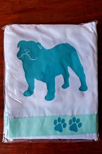 Bulldog Dog Shower Curtain White w/Teal Blue dogs & ribbon SALE, hand towel too - Picture 1 of 10
