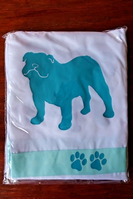 Bulldog Dog Shower Curtain White w/Teal Blue dogs & ribbon SALE, hand towel too - Image 1 of 4
