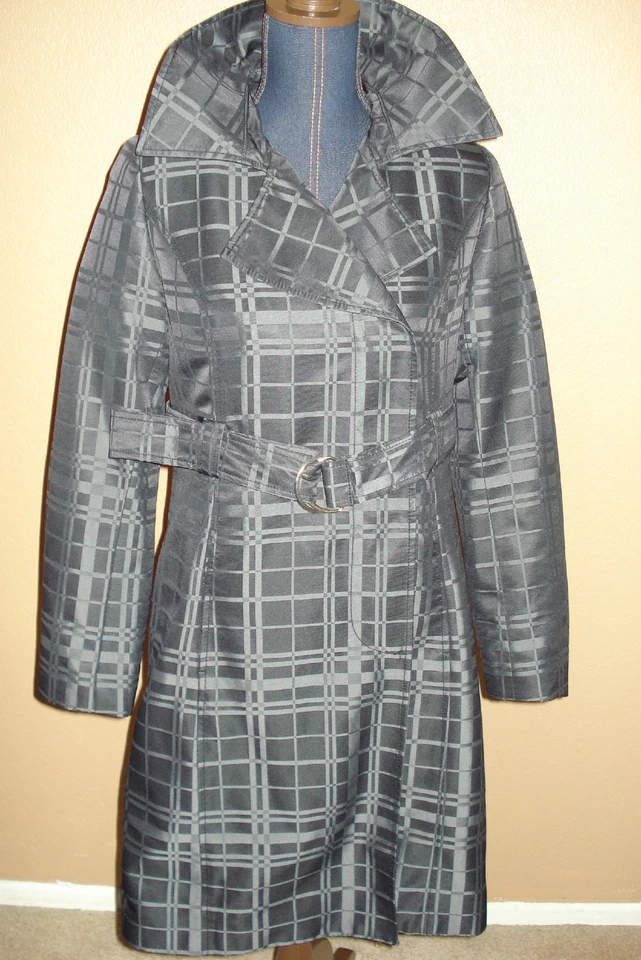 Mossimo Charcoal Gray Plaid Lined Belted Snap Button Trench Coat Jacket Size S - Image 1 of 4