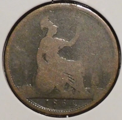 British Penny - 1864 Serif 4 (Rare date.  Worn.) - Victoria Young Head [505] - Image 1 of 2