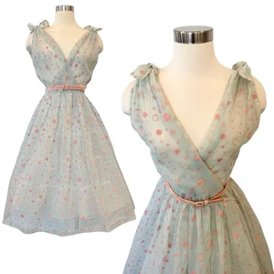 Vintage 60s Sheer Pale Blue Flocked Velvet Pink Bubbles Fit & Flare Party Dress - Picture 1 of 11