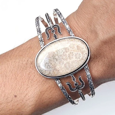 Fossil Coral Gemstone Handmade Jewelry Cuff Bracelets 7''Adjustable - Image 1 of 4