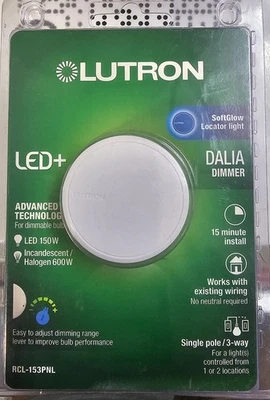 Lutron Dalia LED+ Atenuador Giratorio Blanco 150W Monopolo/3 Vías Suave Brillo 120V 1379 Foto 1 de 2