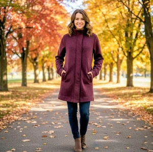Lands End Knit Jacket Womens Medium Burgandy Full Zip Sweater Long Sleeve Coat - Picture 1 of 19