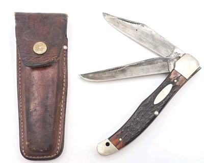 Faca de caça WESTERN Boulder, Colo. EUA 062 dobrável 2 lâminas com bainha de couro - Imagem 1 de 4