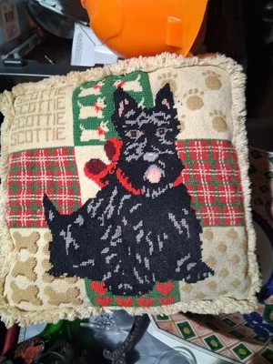 Vintage Scottie Dog Tapestry Accent Pillow W Tartan Patchwork Fringe - Image 1 of 2