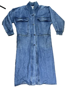 VTG 90's Sportables Denim Duster Chore Jacket Women's Small Long Button Front - Picture 1 of 14