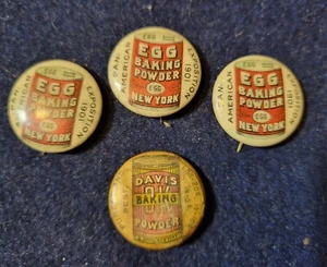 4 EARLY PINBACKS DIFFERENT STYLES FOR BAKING POWDER. - Picture 1 of 8