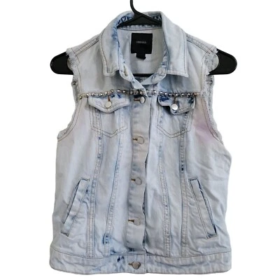 Chaleco de mezclilla Forever 21 para mujer talla pequeña adornado lavado claro chaqueta de jean Foto 1 de 4