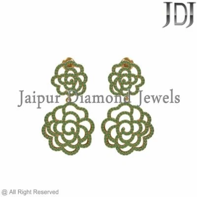 Hermosos Pendientes Joyería Flor Oro Amarillo 14k Diópsido Cromo Pavé Genuino Foto 1 de 3