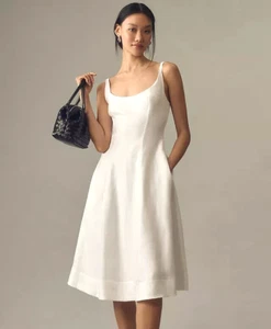 Vestido Anthropologie Reformation Magnolia de Lino Midi Cuello Redondo Blanco Talla 12 NUEVO - Imagen 1 de 4