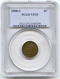 1908-S Indian Head Cent Penny PCGS VF 25 Certified - San Francisco Mint - H692 - Picture 1 of 2