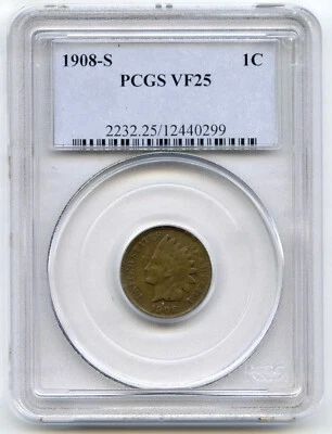 1908-S Indian Head Cent Penny PCGS VF 25 Certified - San Francisco Mint - H692 - Image 1 of 2