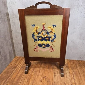 Vintage Wooden Decorative Fire Screen with Heraldic Shield Crest Tapestry Design - Picture 1 of 18