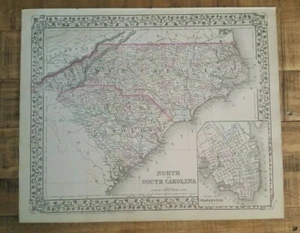 Antique Hand Colored MAP - NORTH AND SOUTH CAROLINA (& PLAN OF CHARLESTON)- 1880 - Picture 1 of 7