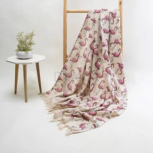 Rosa Reiher Vögel Design Dekor Baumwolle Blockdruck Überwurf Bett Sofa Couch Decke - Bild 1 von 6
