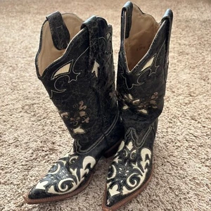 Corral Vintage Leather Western Boots Women's 7 Black Bone LIzard Inlay C2116 - Picture 1 of 23