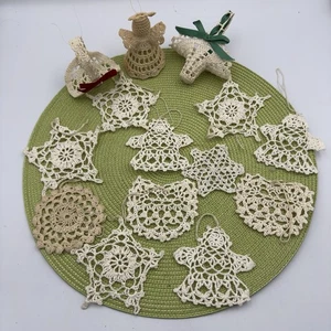 14 Vintage Handarbeit gehäkelt Schneeflocke Engel Korb Weihnachtsschmuck gestärkt - Bild 1 von 10