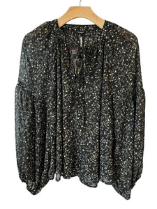 Blu Pepper Blouse Women's Small Black Ruffled Tie Neck Long Puff Sleeves Sheer - Picture 1 of 11