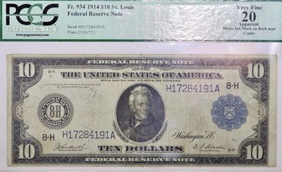 1914 $10 Federal Reserve Note St. Louis Fr#934 PCGS VF20 Apparent  - Image 1 of 4