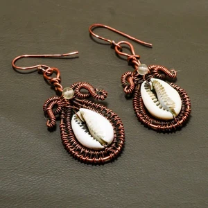 Cowrie Shell Gemstone Handmade Wire Wrap Copper Jewelry Earrings 2.30" SR 128 - Picture 1 of 6