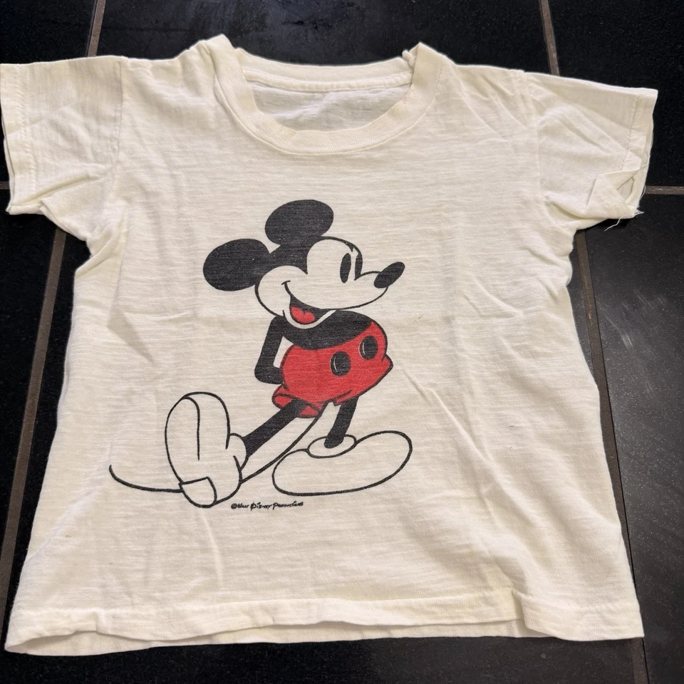 Camiseta Mickey Mouse Disney Blanca Súper Delgada Puntada Única Niño De Colección Años 70 Foto 1 de 4