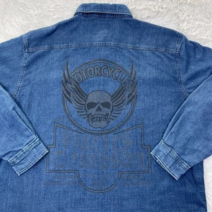 Harley Davidson Shirt Mens 2XL Blue Denim Jean Snap Pockets Biker Embroidered - Picture 1 of 13