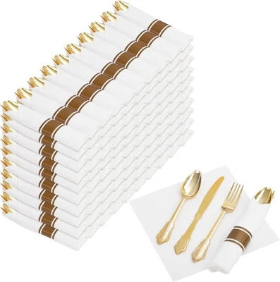 400PCS Pre Rolled Gold Plastic Silverware Sets - Heavy Duty Fancy Gold Cutlery - - Image 1 of 4
