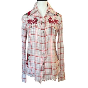 Guess Jeans Button Shirt Womens Large Plaid Embroidered Rose Western Frayed Hem - Picture 1 of 11
