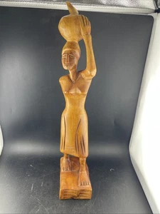 Vintage African Hand-Carved Wooden Female Statue • 14" Tribal Art • Vessel Carri - Picture 1 of 8