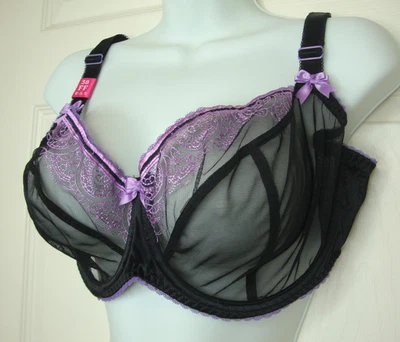 Curvy Kate Bardot Balcony Bra 38FF Black Sheer Mesh SG3101 Unlined Lingerie - Image 1 of 4