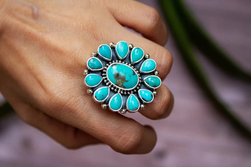 Turquoise Cluster 925 Sterling Silver Ring-Boho Natural Blue Stone,Gift for Him - Image 1 of 4