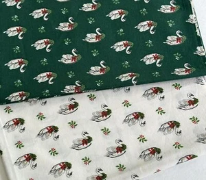RARE Vintage Christmas Fabric Swans Green & White Holly Wreath Quilt Sew Fabric - Picture 1 of 5
