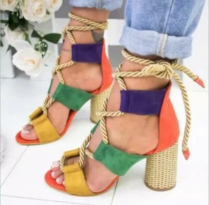 Womens Suede Ankle Strap Back Lace-Up Casual Sandals Peep Toe Cone High Heels - Picture 1 of 19