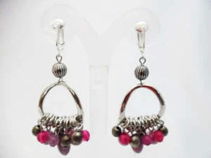 Clip on 3" shiny silver hoop earrings w/purple, silver & pink beads - Picture 1 of 3