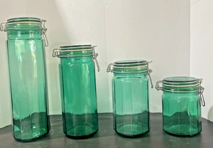 Vintage Teal Green Glass Paneled Canister Jar Set Of 4 Wire Bale Hinged Lid *4D - Picture 1 of 14
