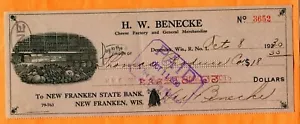 Danimarca, WI, H. W. Benecke Cheese Factory 1930 assegno con vignetta - Foto 1 di 3