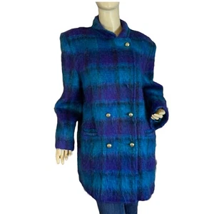 VINTAGE CIRCA 1980'S GEORGE DAVID FASHIONS BLUE & PURPLE MOHAIR PLAID COAT SZ 14 - Picture 1 of 14