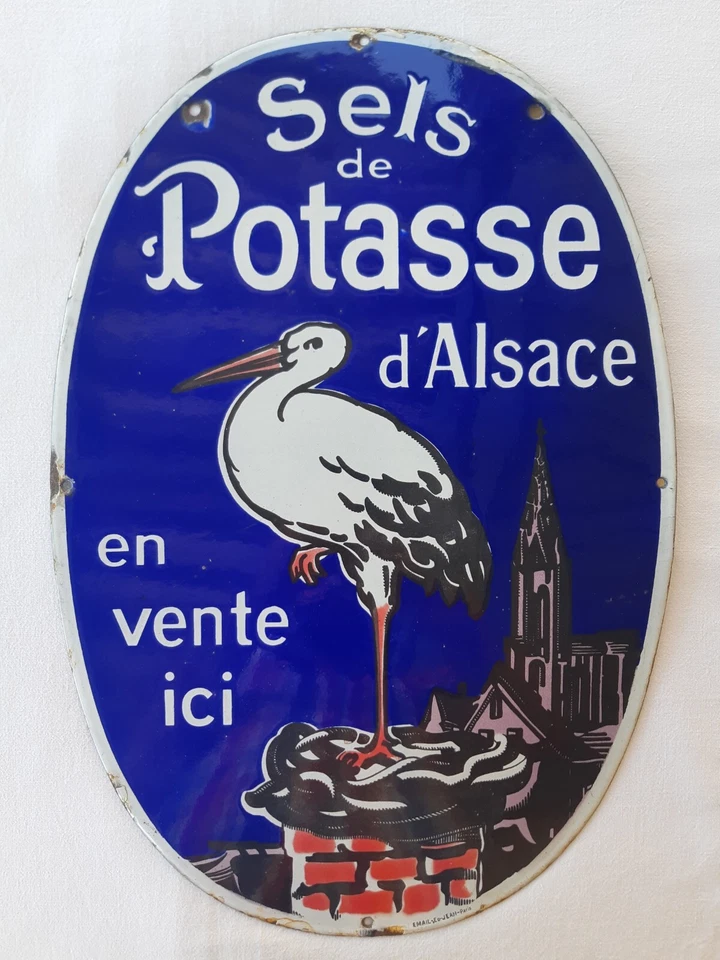Ancienne plaque émaillée Engrais agricole POTASSE d'ALSACE Strasbourg - cigogne - Photo 1/4