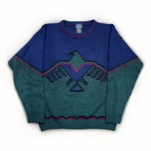 Woolrich Aztec Wool Sweater Mens L Thunderbird Eagle Bird Blue & Green VTG 80s - Picture 1 of 7