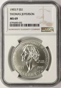 1993-P $1 Thomas Jefferson Commemorative Silver Dollar NGC MS69 - Picture 1 of 2