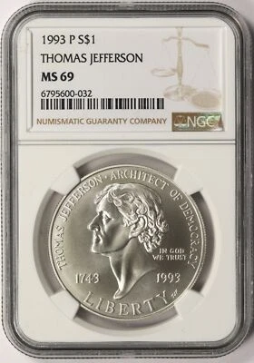 1993-P $1 Thomas Jefferson Commemorative Silver Dollar NGC MS69 - Image 1 of 2