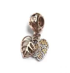 Pandora 925 Sterling Silber Rosevergoldet Orange Klar CZ Blätter Dangle Charm - Bild 1 von 7