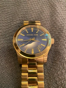 Michael Kors Gold Tone 3 Hand Steel Runway Blue Dial Watch MK7049 - Picture 1 of 1