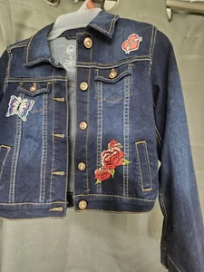 NWT Wonder Nation Girl's Denim Jean Jacket Sz 7-8 Embroidery Rose Heart Butterfl - Picture 1 of 5
